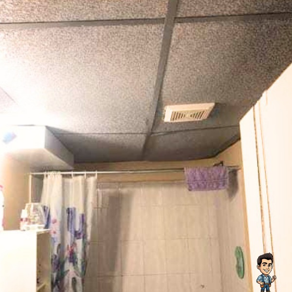Basement bathroom with an old, stained drop ceiling made of ceiling tiles before replacement