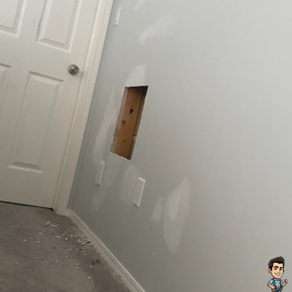 Wall with a cut-out hole and patched spots beside a bedroom door before drywall repair