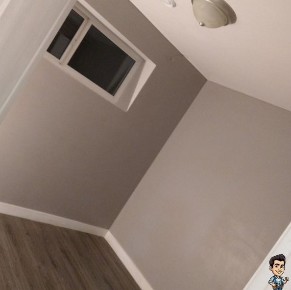 Freshly painted taupe walls with crisp lines along the baseboards and ceiling in a rental suite