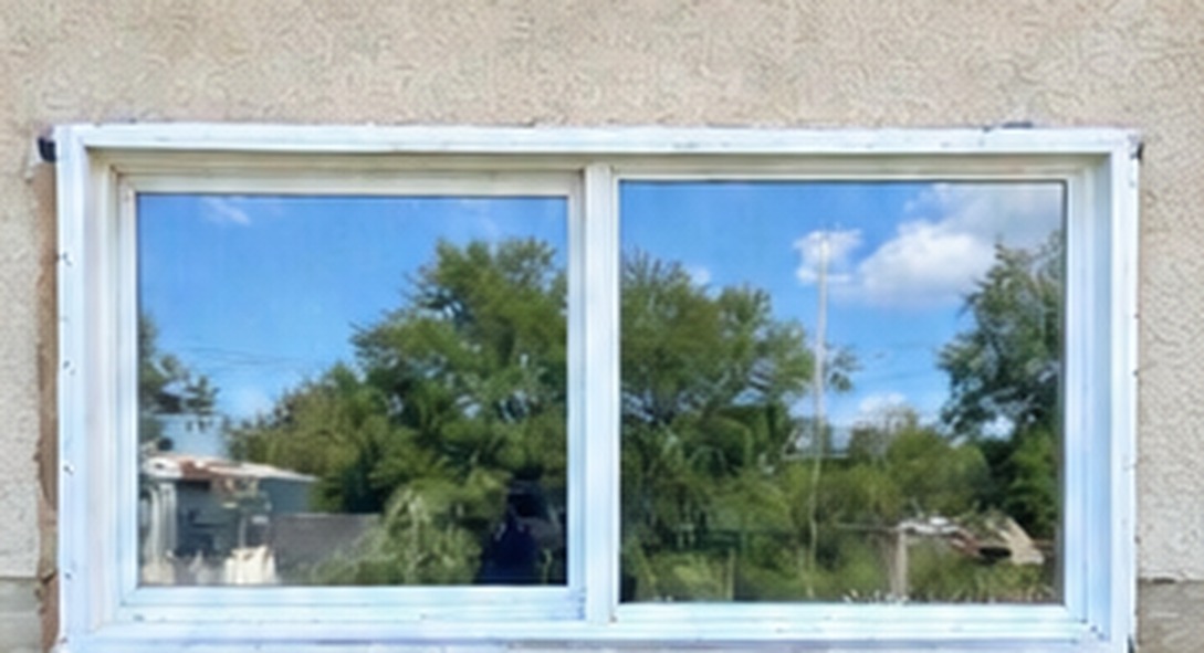 New white vinyl sliding window installed in a stucco wall in Edmonton